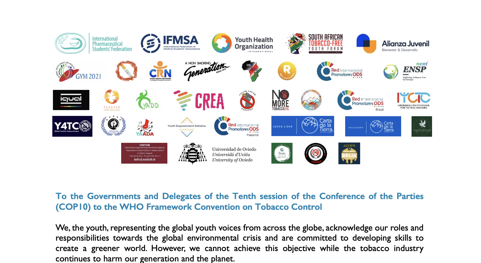 Youth Statement for Delegates at COP10