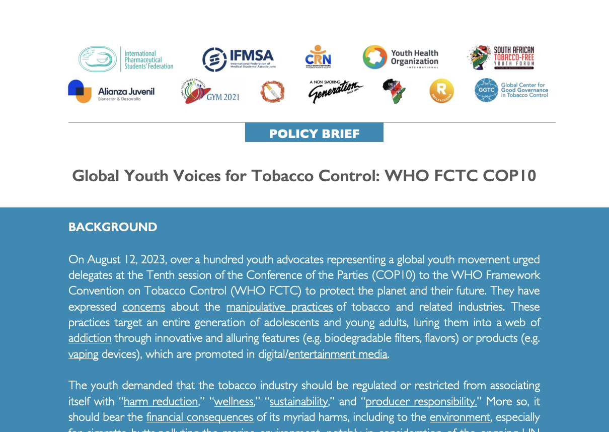 Global Youth Voices for Tobacco Control: WHO FCTC COP10