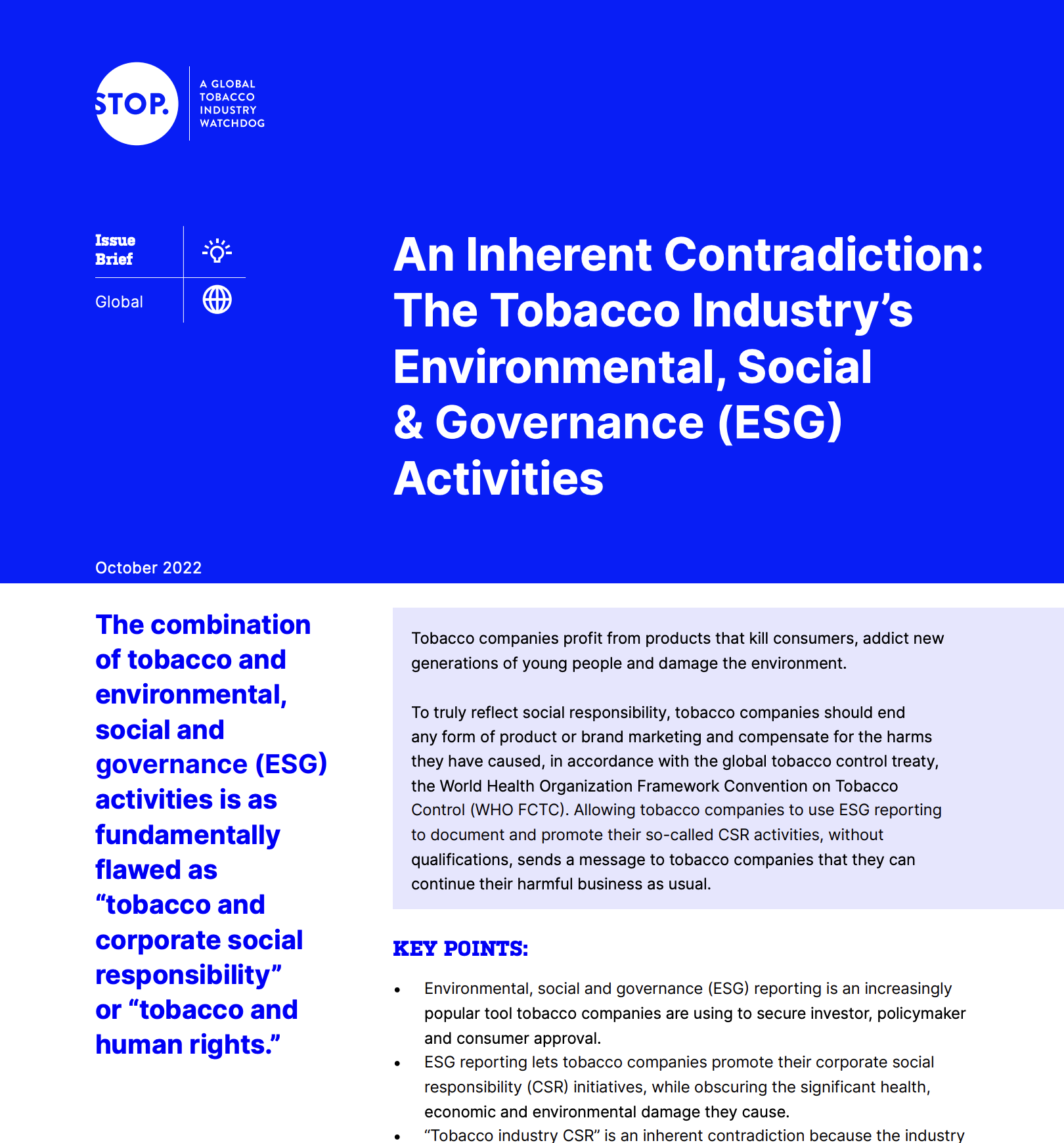 An Inherent Contradiction: The Tobacco Industry’s Environment, Social & Governance Activities