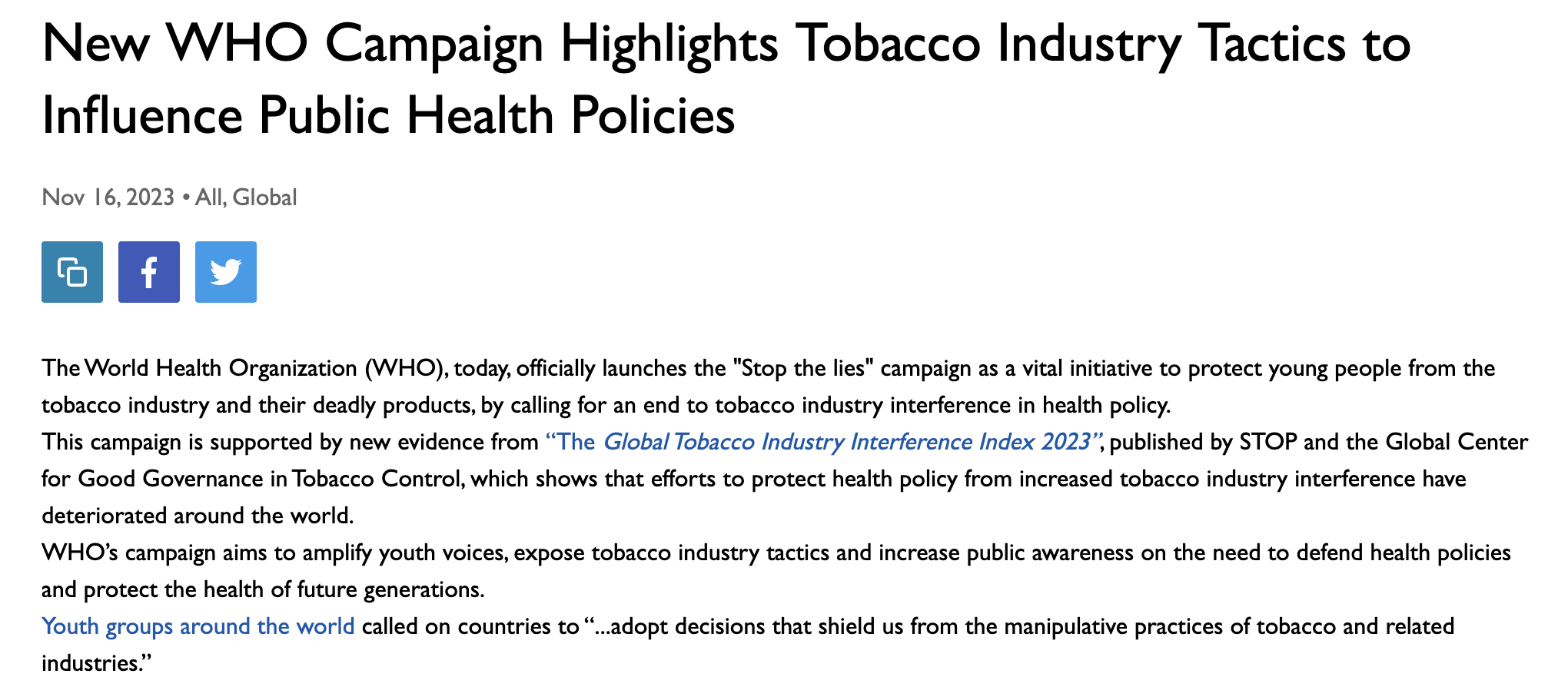 New WHO Campaign Highlights Tobacco Industry Tactics to Influence Public Health Policies